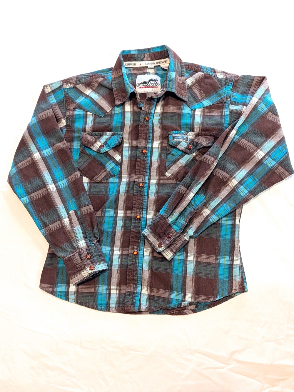 Cowboy Hardware Boys Size 7 / 8  Pearl Snap Shirt Long Sleeve Teal Brown Western